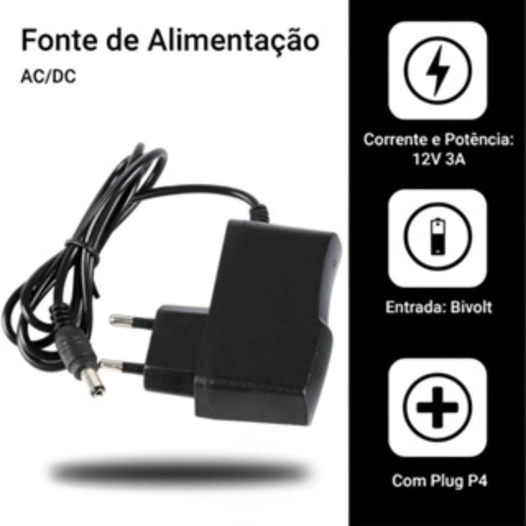 Fonte Alimentação 12V 3A Bivolt Proteção Sobrecarga Plug P4 Estável Fita LED
