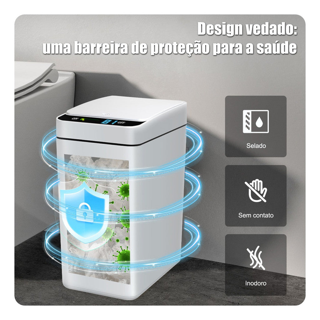 Lixeira Inteligente com Sensor Automático 12L – Abertura Sem Toque, 3 Modos e Exibição de Bateria