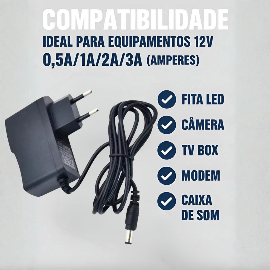 Fonte Alimentação 12V 3A Bivolt Proteção Sobrecarga Plug P4 Estável Fita LED