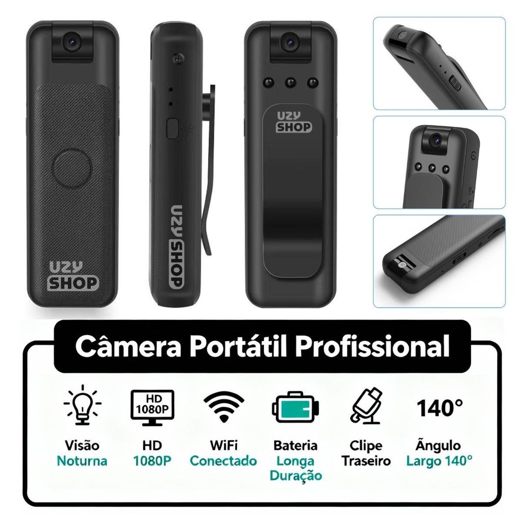 Câmera Espiã Portátil HD 1080P Visão Noturna 24/7 WIFI Tempo Real 180° Rotativa Esportes Ação