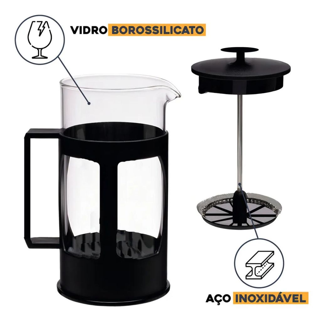 Prensa Francesa Vidro 350ml 600ml Café Filtro Inoxidável Estrutura Cromada Preta e Inox Sofisticado