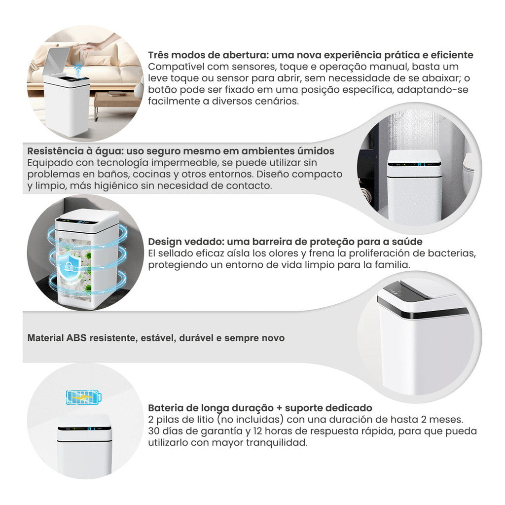 Lixeira Inteligente com Sensor Automático 12L – Abertura Sem Toque, 3 Modos e Exibição de Bateria