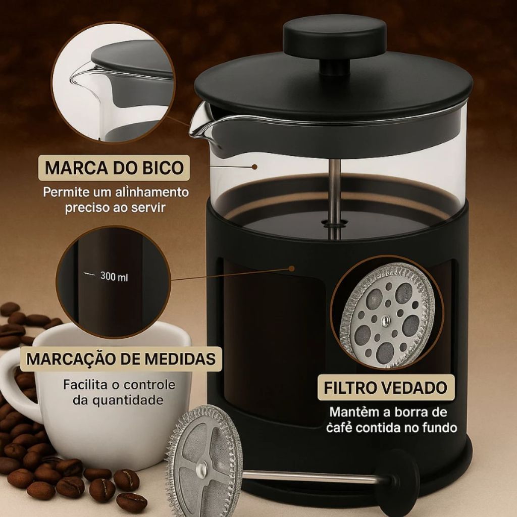 Prensa Francesa Vidro 350ml 600ml Café Filtro Inoxidável Estrutura Cromada Preta e Inox Sofisticado