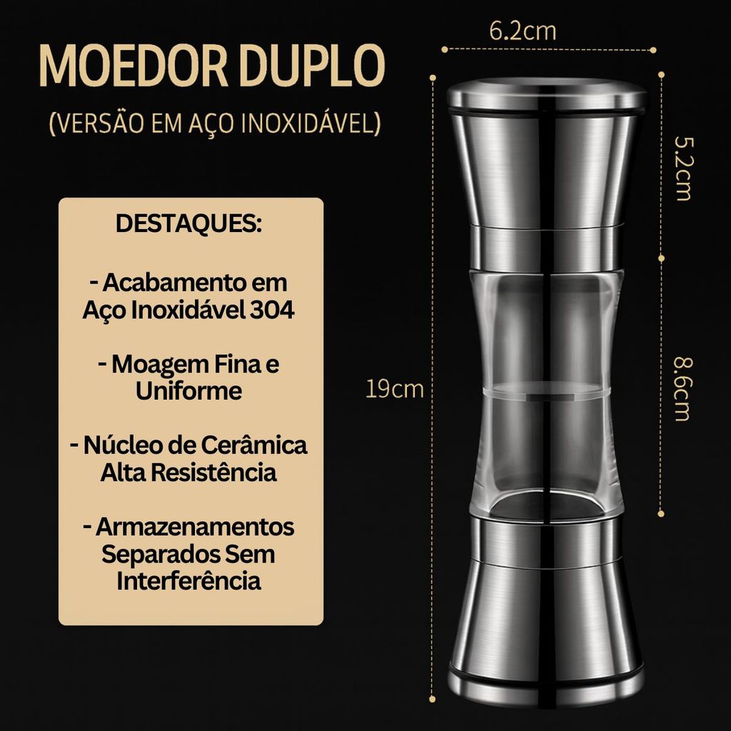 Moedor de Sal e Pimenta 2 em 1 – Aço Inox 304 com Mós Cerâmicas Ajustáveis
