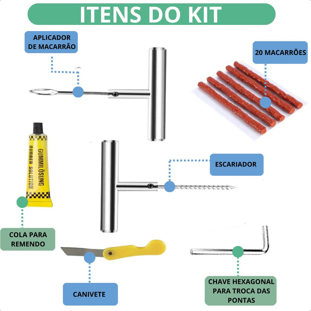 Kit Completo Remendo Pneu Acessórios Compressor USB-C 25L/min Lanterna Bateria