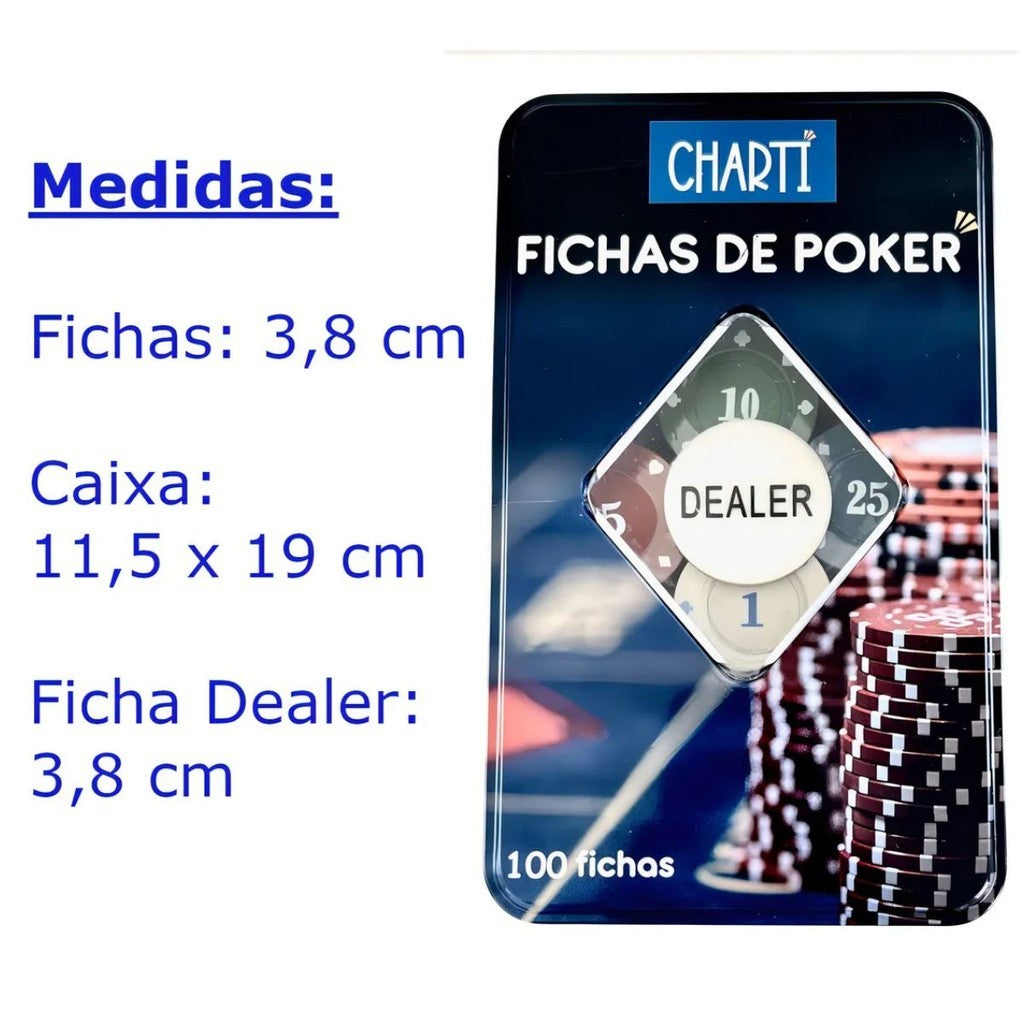 Kit 100 Fichas Poker 1,5,10,25 Numeradas com Dealer em Case Lata Elegante para Jogos, Torneios e Festas com Amigos