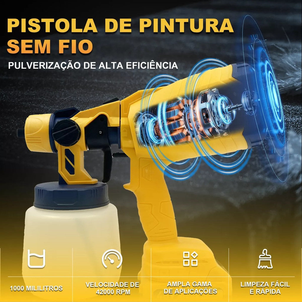 Pistola Pulverizadora 48V 400W 1000ml com 2 Baterias 1500mAh Amarelo para Pintura Automotiva, Paredes, Móveis DIY Bivolt