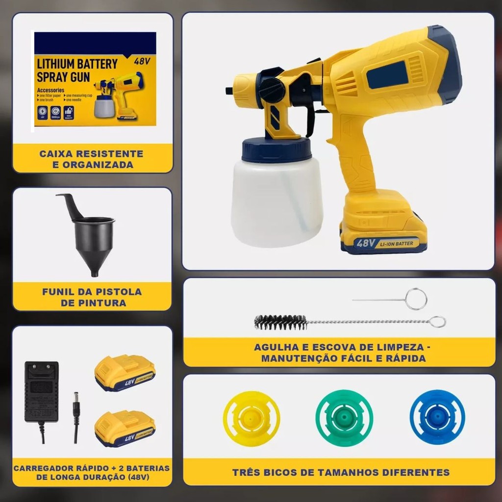 Pistola Pulverizadora 48V 400W 1000ml com 2 Baterias 1500mAh Amarelo para Pintura Automotiva, Paredes, Móveis DIY Bivolt
