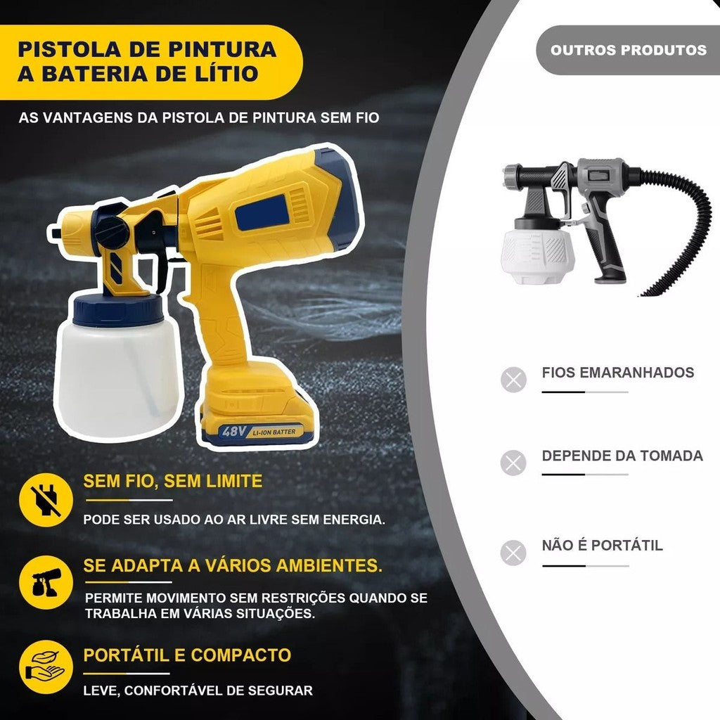 Pistola Pulverizadora 48V 400W 1000ml com 2 Baterias 1500mAh Amarelo para Pintura Automotiva, Paredes, Móveis DIY Bivolt