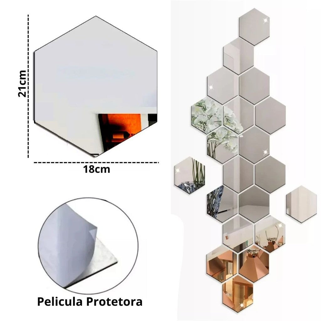 Conjunto 6 Espelhos Decorativos Acrílico Hexagonal 21x18cm Adesivo para Parede Sala Closet Escritório Decoração Elegante