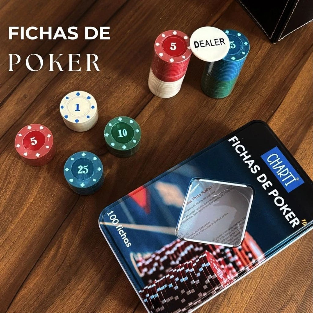 Kit 100 Fichas Poker 1,5,10,25 Numeradas com Dealer em Case Lata Elegante para Jogos, Torneios e Festas com Amigos