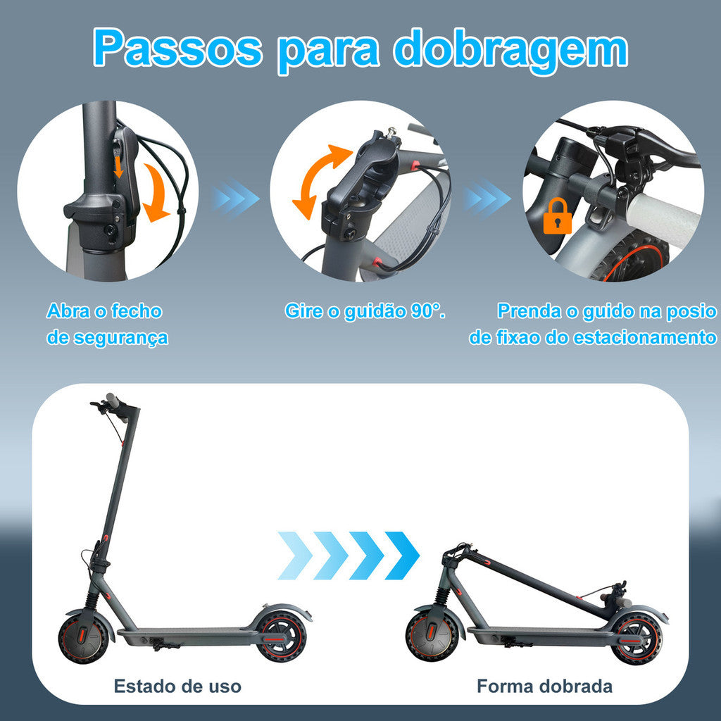 Patinete Dobrável 500W 36V 7.8Ah 25km/h Preto Fosco Amortecido Freios Eletrônicos LED