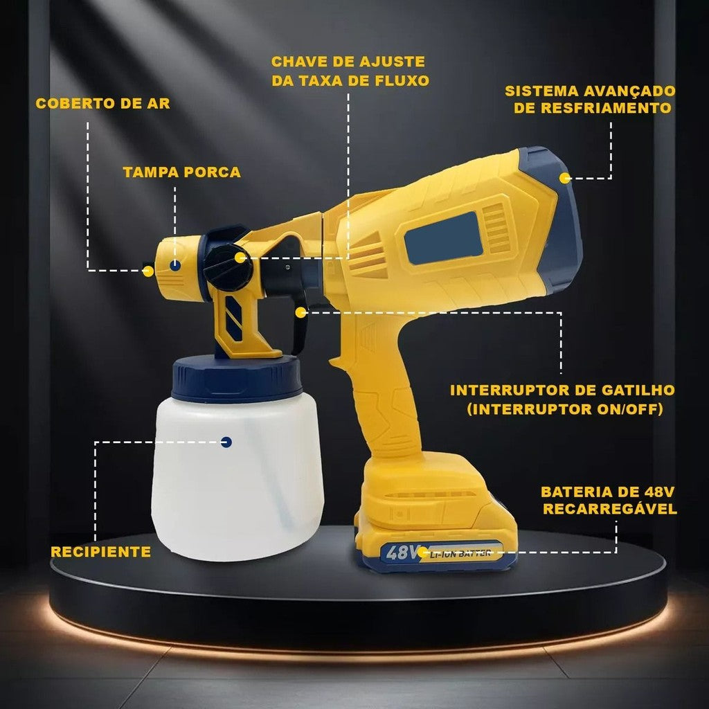 Pistola Pulverizadora 48V 400W 1000ml com 2 Baterias 1500mAh Amarelo para Pintura Automotiva, Paredes, Móveis DIY Bivolt
