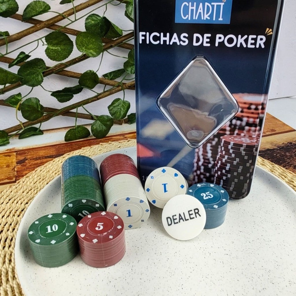 Kit 100 Fichas Poker 1,5,10,25 Numeradas com Dealer em Case Lata Elegante para Jogos, Torneios e Festas com Amigos