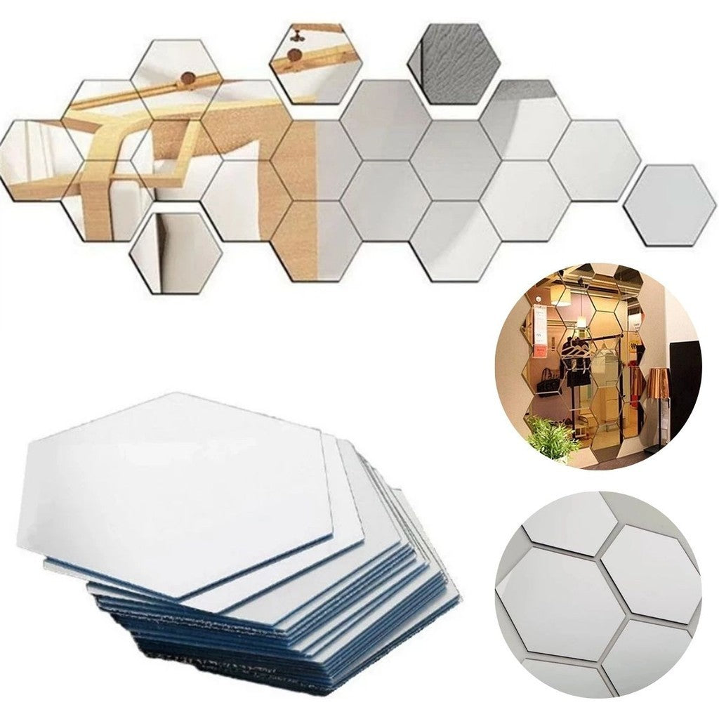 Conjunto 6 Espelhos Decorativos Acrílico Hexagonal 21x18cm Adesivo para Parede Sala Closet Escritório Decoração Elegante