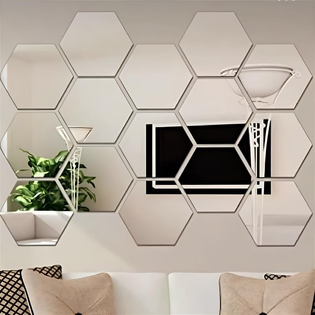 Conjunto 6 Espelhos Decorativos Acrílico Hexagonal 21x18cm Adesivo para Parede Sala Closet Escritório Decoração Elegante