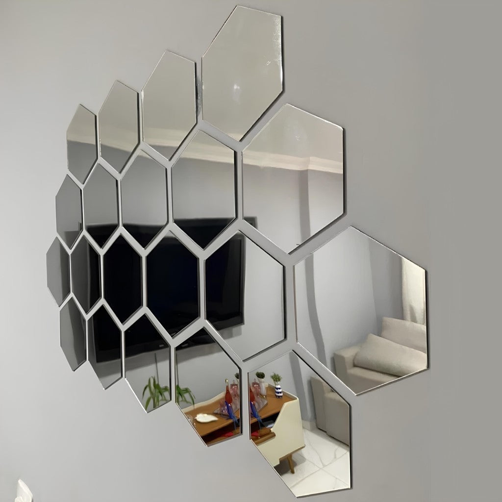 Conjunto 6 Espelhos Decorativos Acrílico Hexagonal 21x18cm Adesivo para Parede Sala Closet Escritório Decoração Elegante