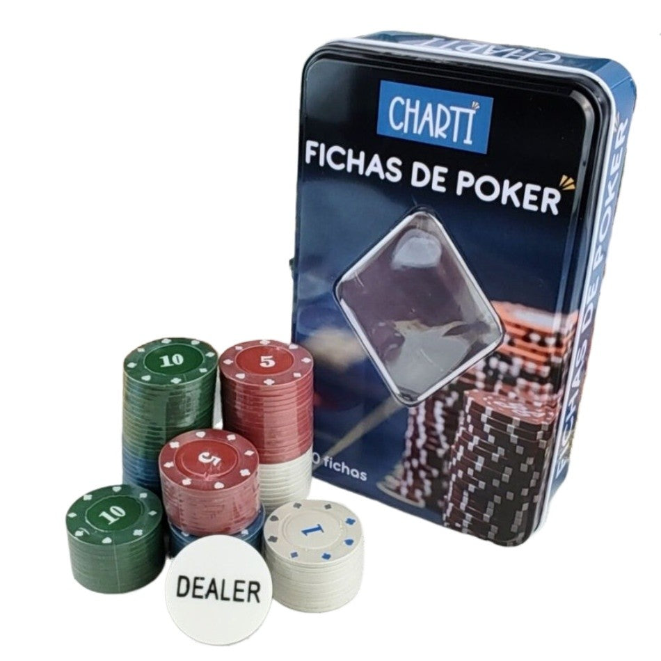 Kit 100 Fichas Poker 1,5,10,25 Numeradas com Dealer em Case Lata Elegante para Jogos, Torneios e Festas com Amigos