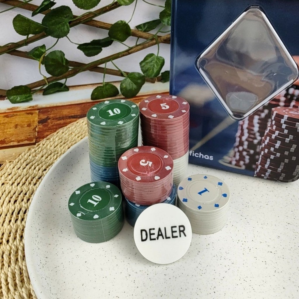 Kit 100 Fichas Poker 1,5,10,25 Numeradas com Dealer em Case Lata Elegante para Jogos, Torneios e Festas com Amigos
