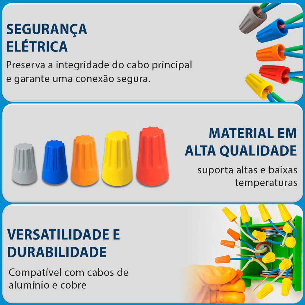 Kit 100 Conectores Torção Cinza SP1 0,8-2,5mm Emenda Elétrica Segura Reutilizável Retardante de Chamas 105°C