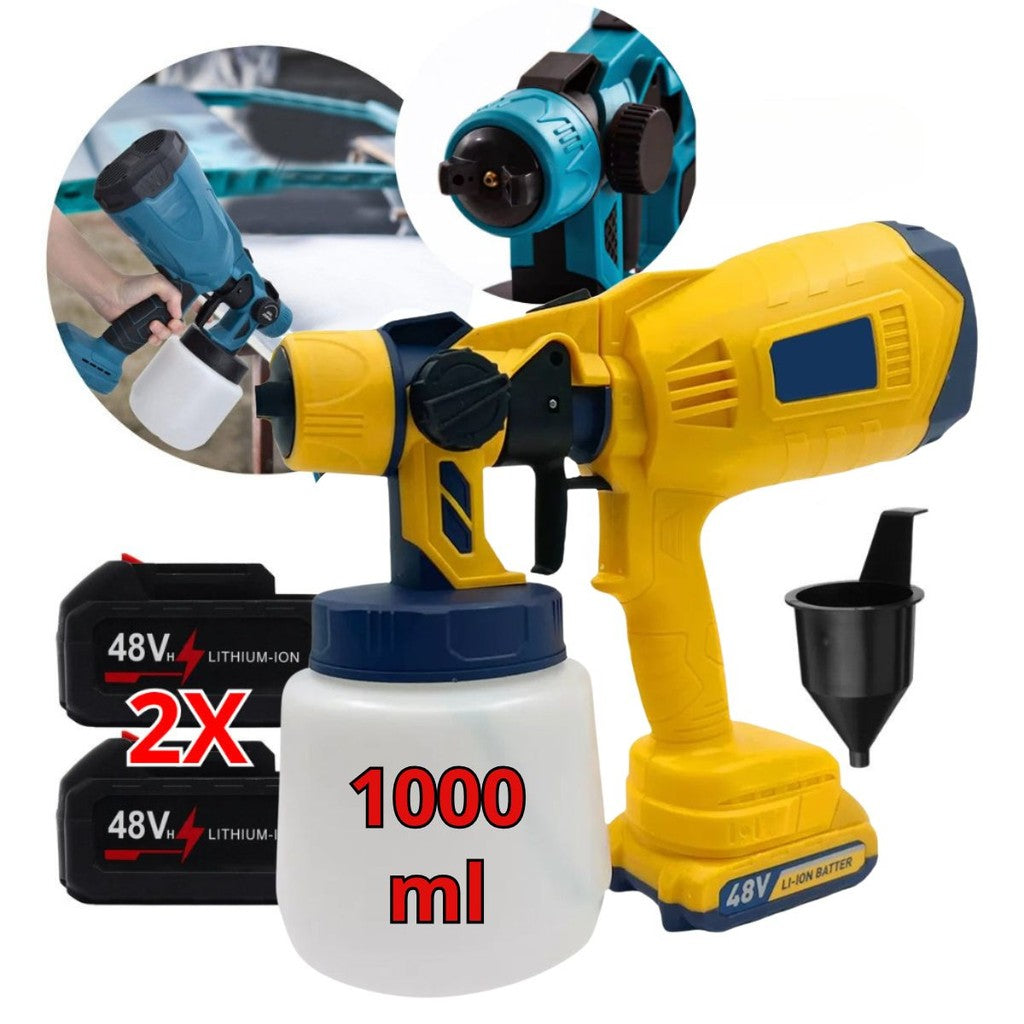 Pistola Pulverizadora 48V 400W 1000ml com 2 Baterias 1500mAh Amarelo para Pintura Automotiva, Paredes, Móveis DIY Bivolt