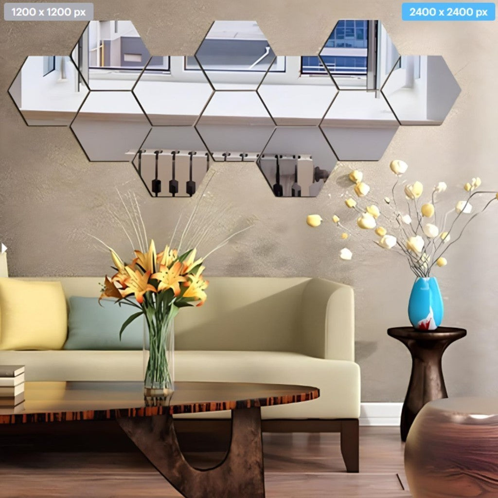 Conjunto 6 Espelhos Decorativos Acrílico Hexagonal 21x18cm Adesivo para Parede Sala Closet Escritório Decoração Elegante