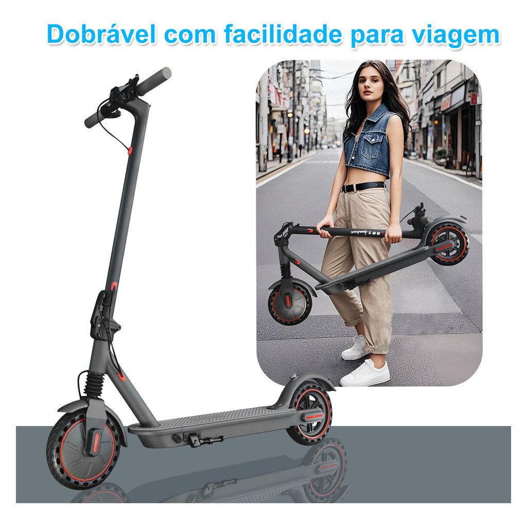 Patinete Dobrável 500W 36V 7.8Ah 25km/h Preto Fosco Amortecido Freios Eletrônicos LED