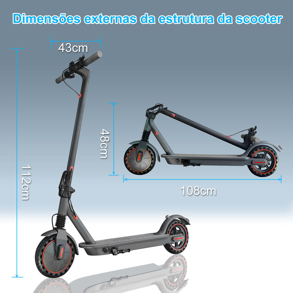 Patinete Dobrável 500W 36V 7.8Ah 25km/h Preto Fosco Amortecido Freios Eletrônicos LED