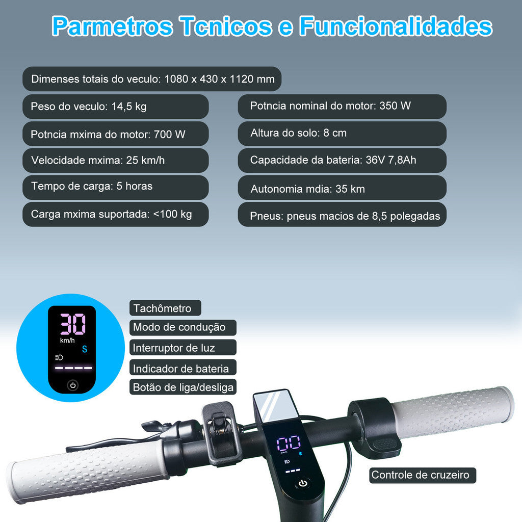 Patinete Dobrável 500W 36V 7.8Ah 25km/h Preto Fosco Amortecido Freios Eletrônicos LED