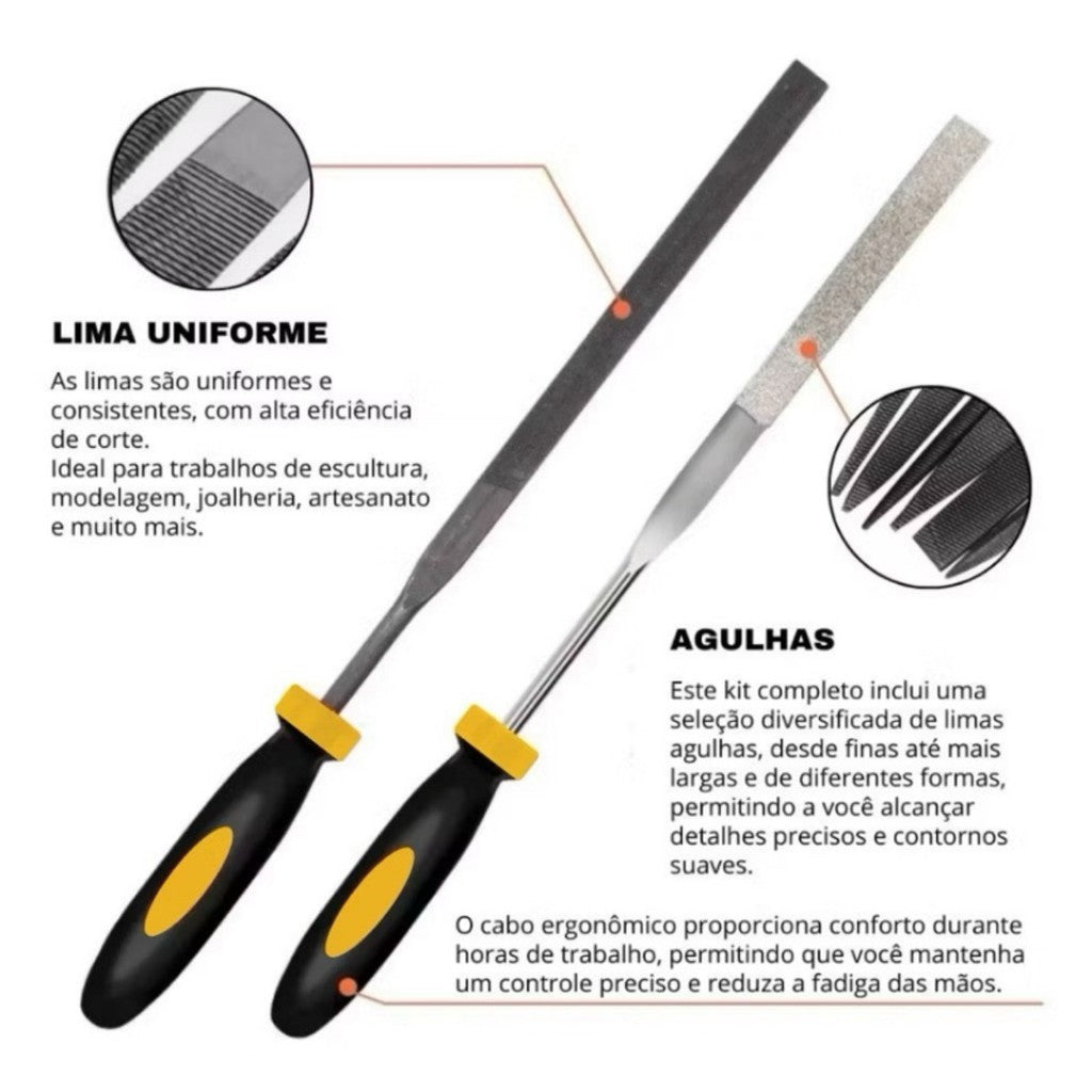 Kit 6 Limas Agulha 100mm Aço Alta Resistência Cabo Borracha Marceneiro Artesão Metalúrgico