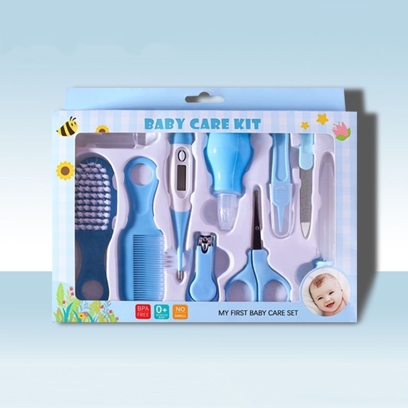 Conjunto Bebê 10 Itens Escova Pente Tesoura Pinça Lixa Estojo Rosa e Azul Presente para Chá de Bebê