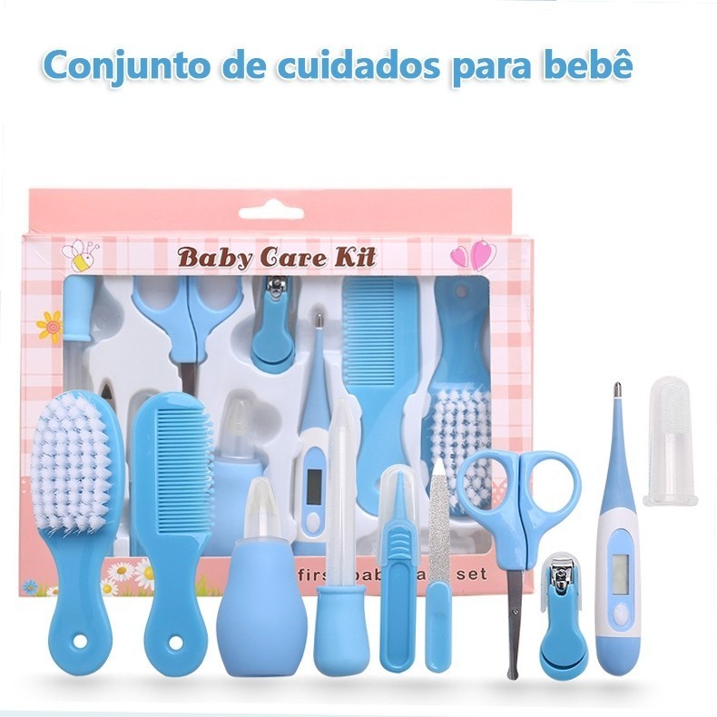 Conjunto Bebê 10 Itens Escova Pente Tesoura Pinça Lixa Estojo Rosa e Azul Presente para Chá de Bebê