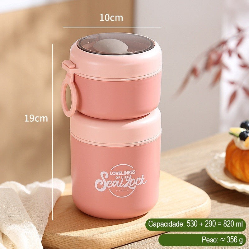 Kit Marmita Térmica Inox 304 290ml 530ml Isolamento 6h Antivazamento com Colher Verde Rosa