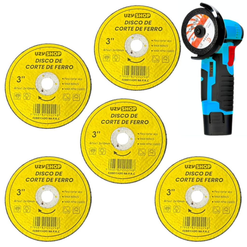 Kit 5 Discos Corte Ferro Aço 76mm 3 Polegadas Esmerilhadeira Amarelo Profissional Durável