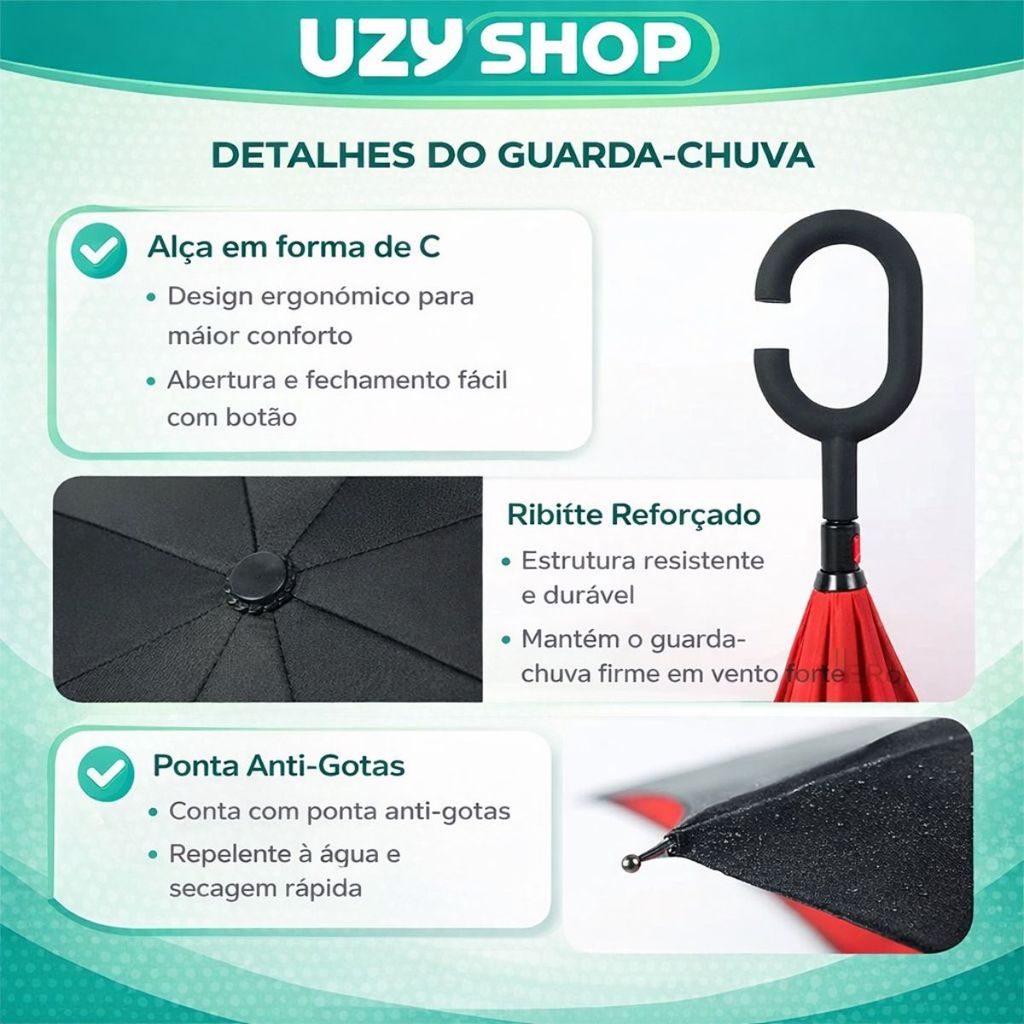 Guarda Chuva Invertido Reforçado Tecido Duplo Cabo C Mãos Livres Ideal Para