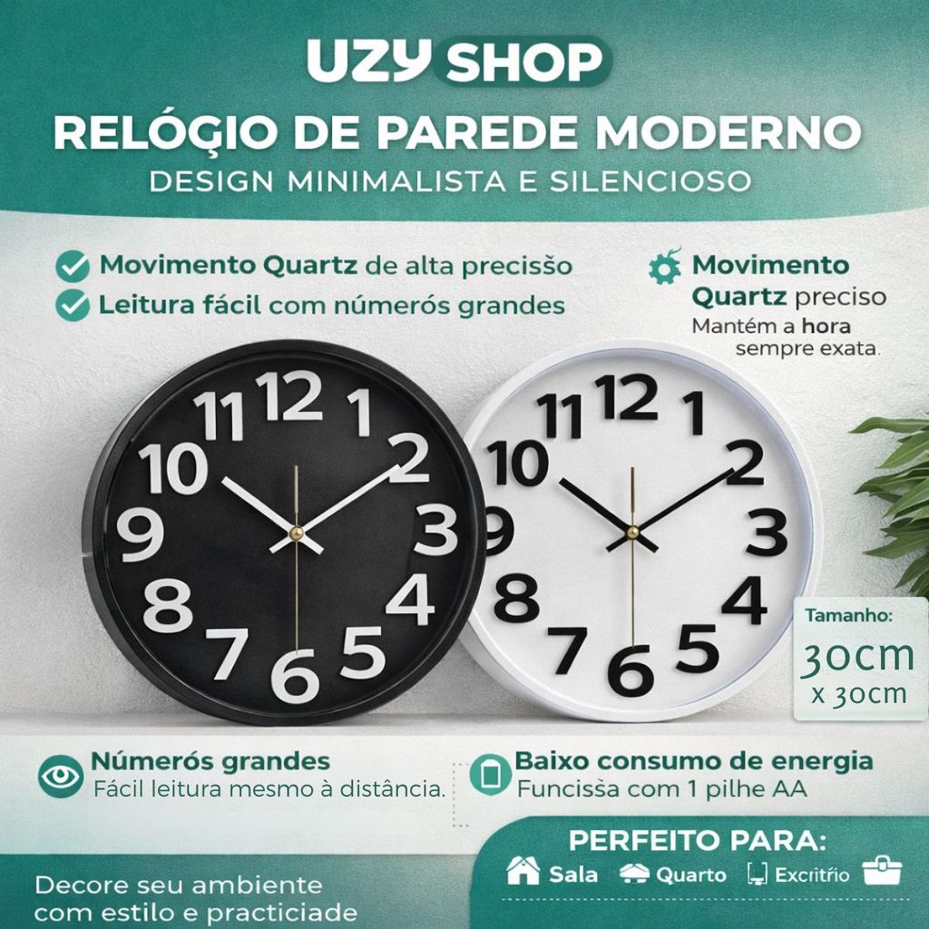Relógio de Parede 30cm Minimalista Silencioso 1 Pilha AA Acabamento Reforçado Moderno