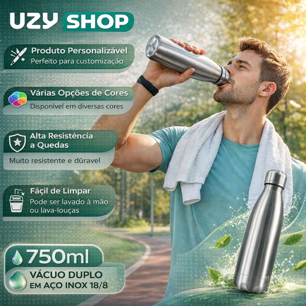 Garrafa Térmica de Inox Parede Dupla 750ml Prata Preto e Branca Vedação