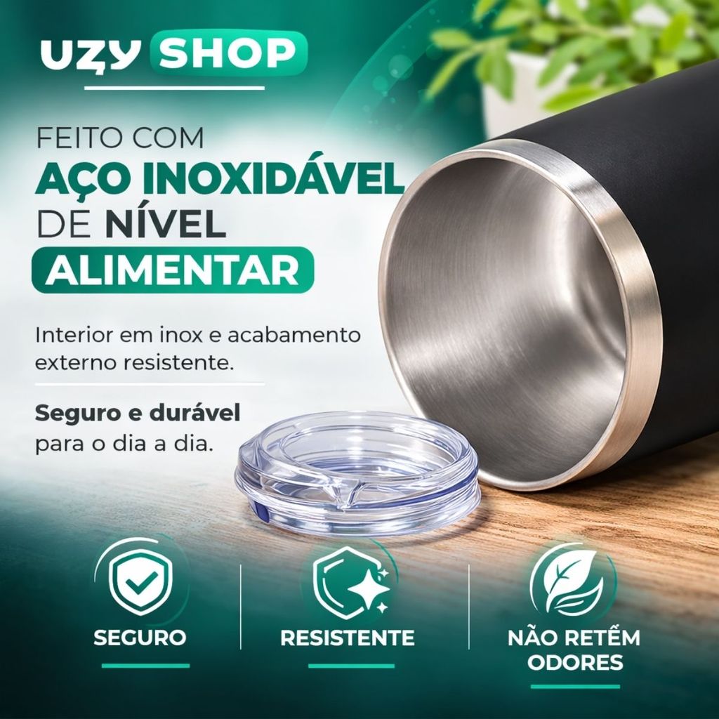 Copo Térmico Tipo Cuia 350ml Aço Inoxidável Parede Dupla à Vácuo com Tampa de