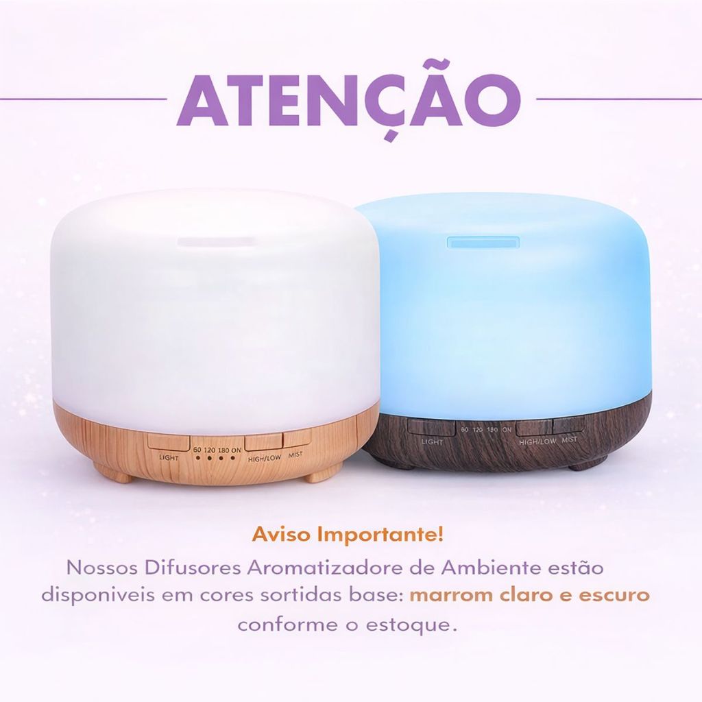 Difusor Aromático Elétrico 300ml USB Umidificador Ultrassônico LED RGB 7 Cores Bivolt