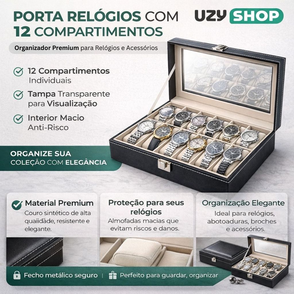 Maleta Porta Relógios 12 Lugares Couro Sintético Preta Visor Transparente