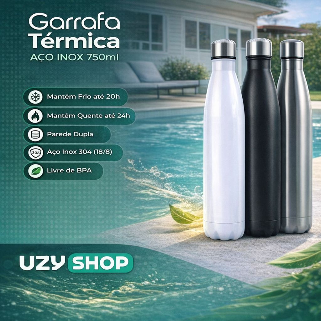 Garrafa Térmica de Inox Parede Dupla 750ml Prata Preto e Branca Vedação
