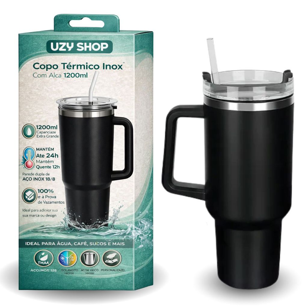 Copo Térmico 1200ml Inox 304 Com Alça e Canudo Tampa Anti Vazamento Quente e