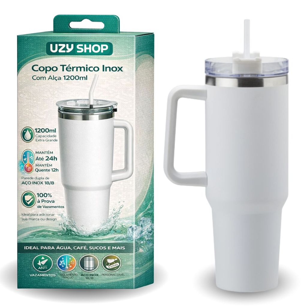 Copo Térmico 1200ml Inox 304 Com Alça e Canudo Tampa Anti Vazamento Quente e