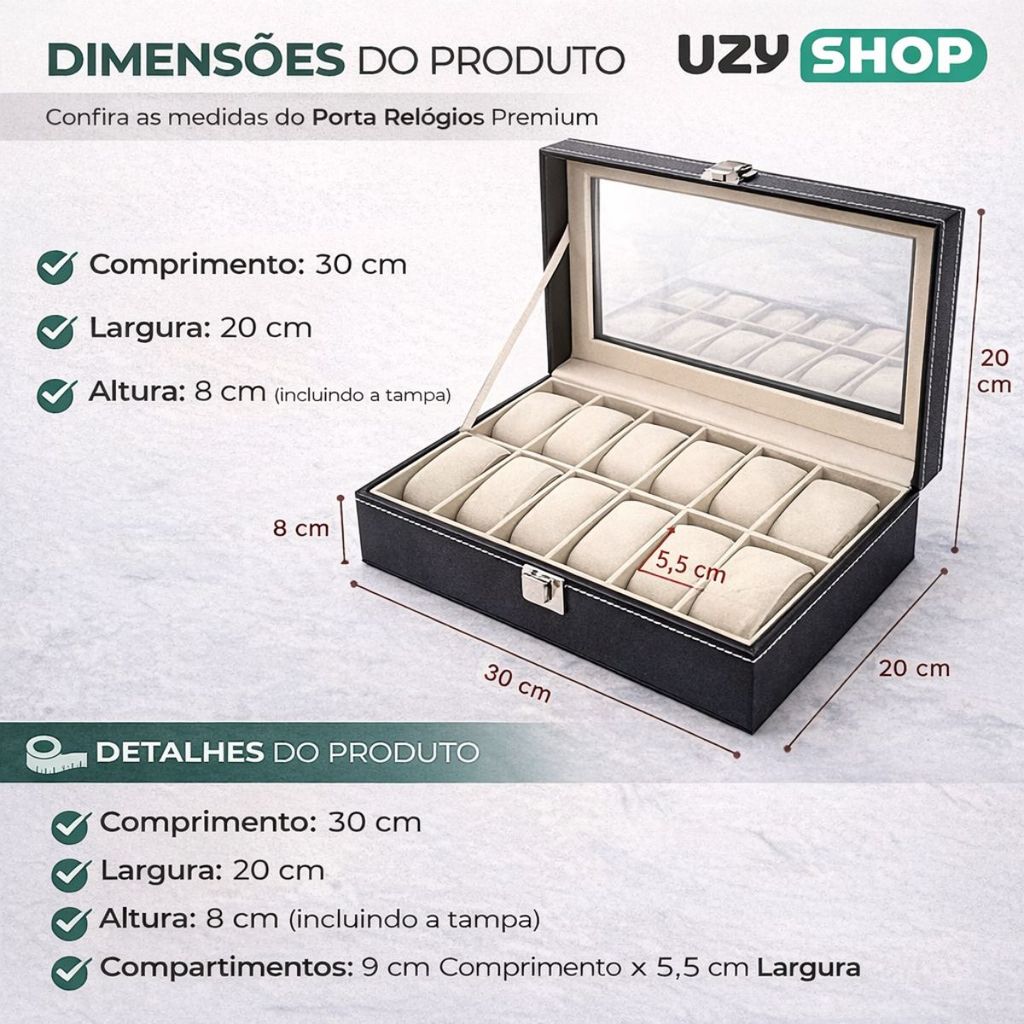 Maleta Porta Relógios 12 Lugares Couro Sintético Preta Visor Transparente