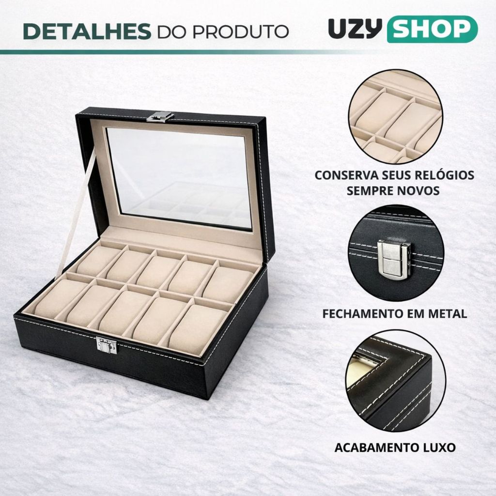 Maleta Porta Relógios 12 Lugares Couro Sintético Preta Visor Transparente