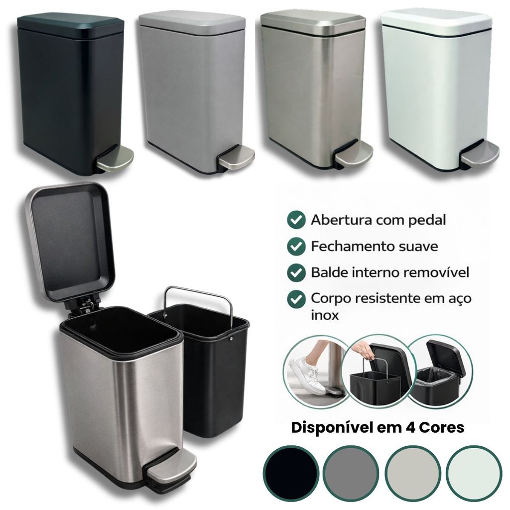 Lixeira Banheiro Cozinha Slim 5L Pedal Inox Fechamento Suave Soft Close Preta