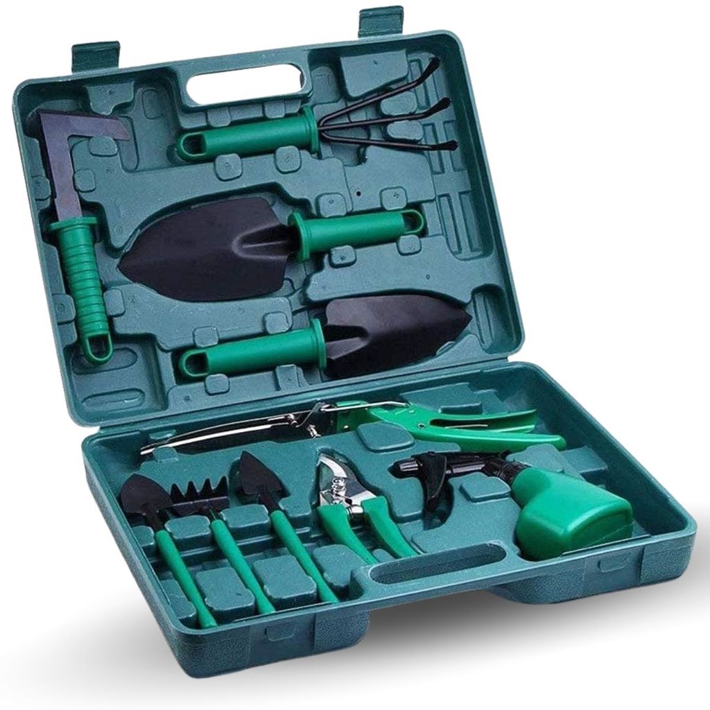Kit de Jardinagem 10 Peças com Maleta - Pás Sacho Tesoura Foice Spray | Ideal