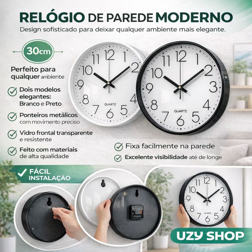Relógio de Parede 30cm Quartz Números Grandes Minimalista Silencioso Mecanismo Sem Barulho