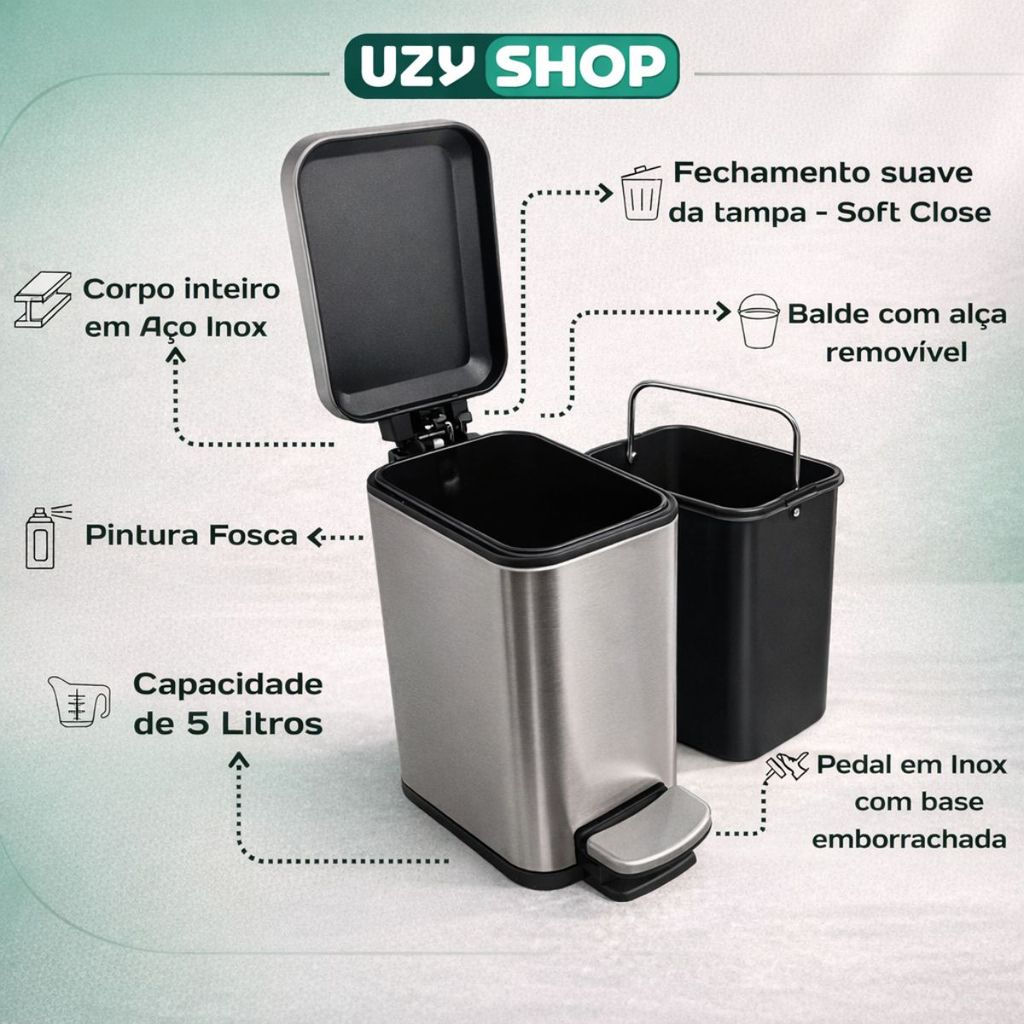 Lixeira Banheiro Cozinha Slim 5L Pedal Inox Fechamento Suave Soft Close Preta