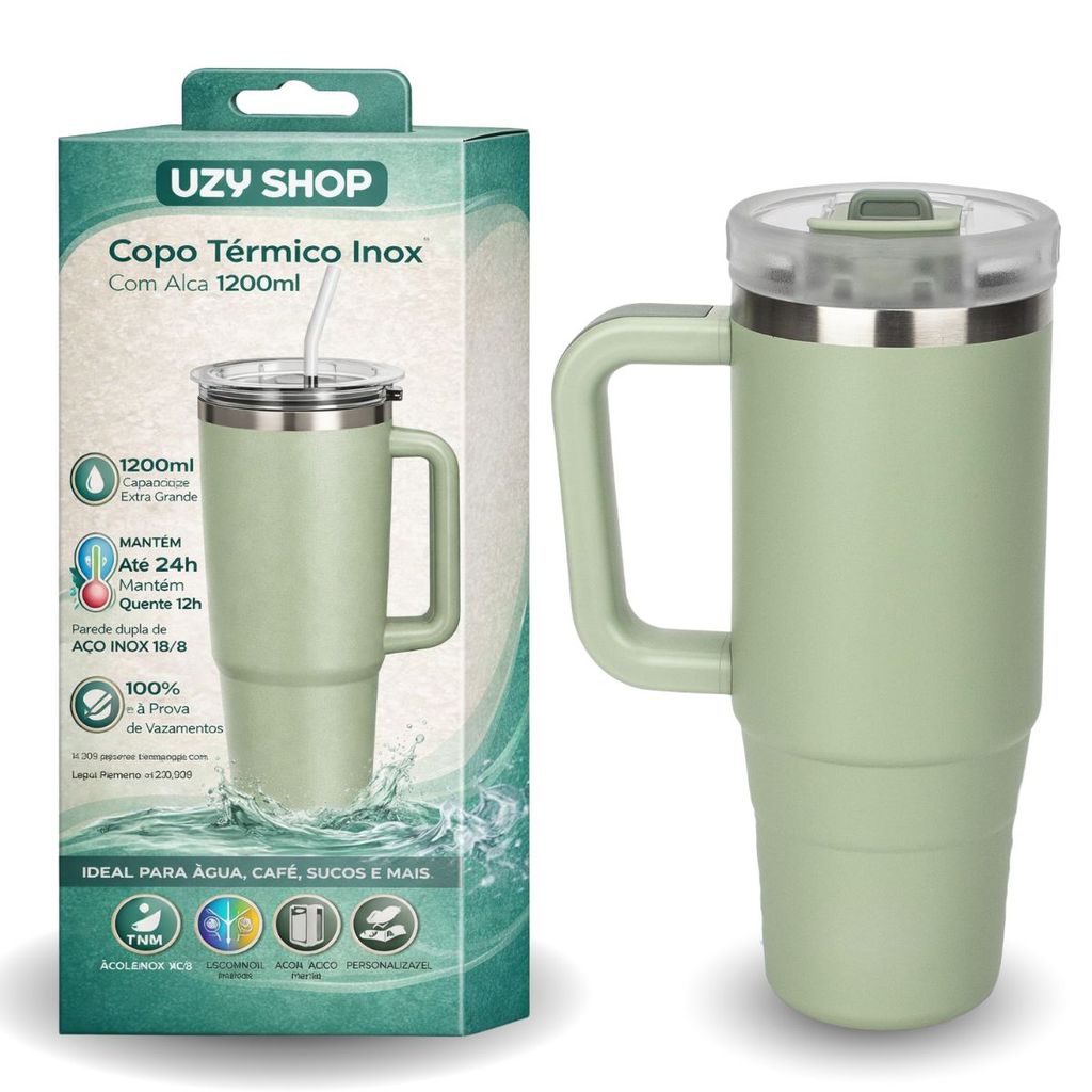 Copo Térmico 1200ml Inox 304 Com Alça e Canudo Tampa Anti Vazamento Quente e